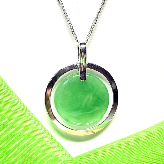 Large round necklace sterling silver circle shaped green real jade halo styled pendant with a chain included