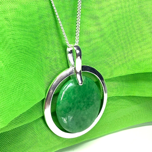 Large round shaped necklace sterling silver green real jade halo styled circle pendant, a really beautiful design