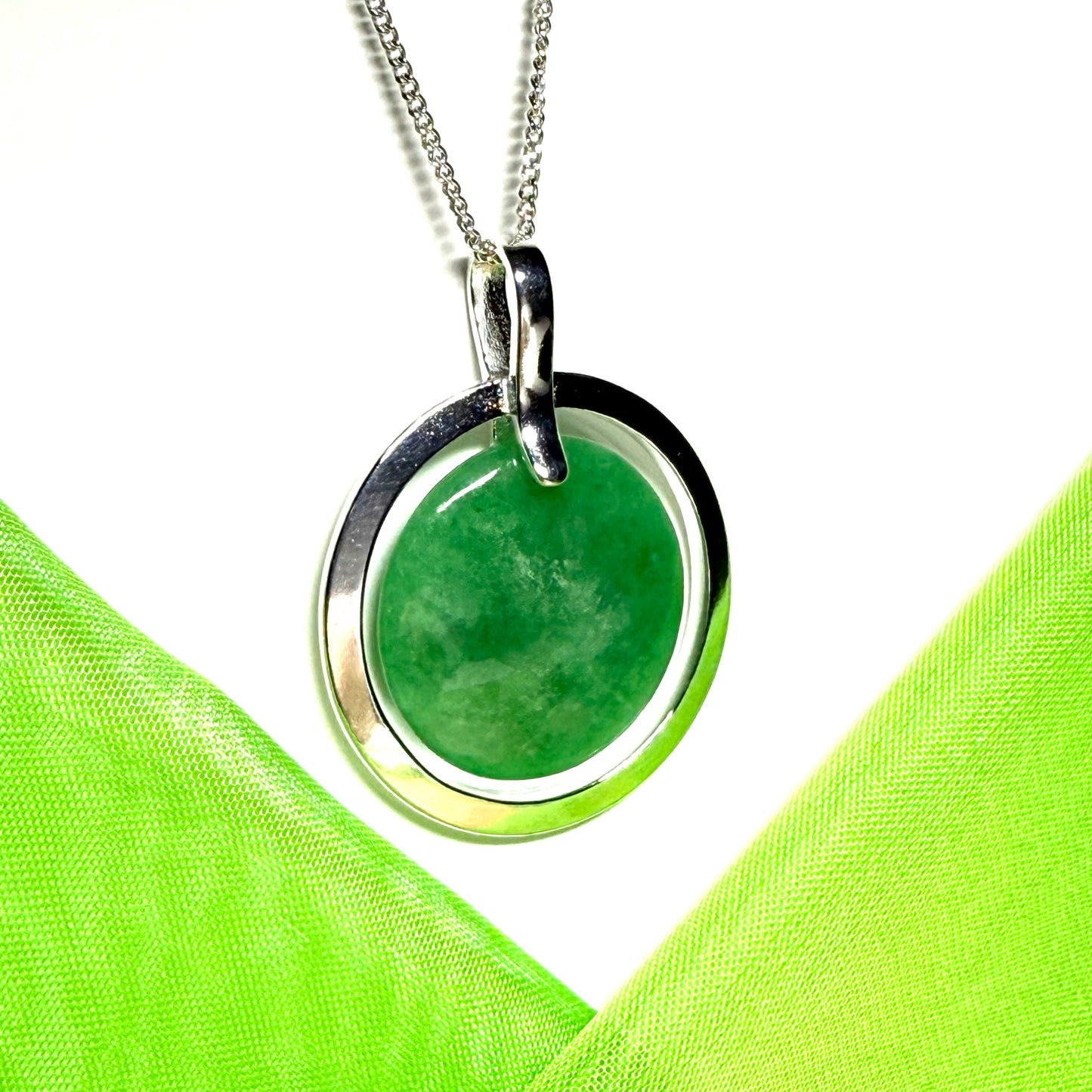 Large round necklace sterling silver circle shaped green real jade halo styled pendant with a chain
