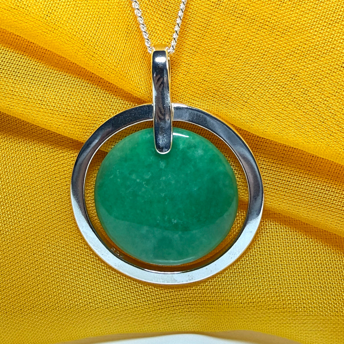 Large silver round shaped dark green real jade necklace pendant with chain