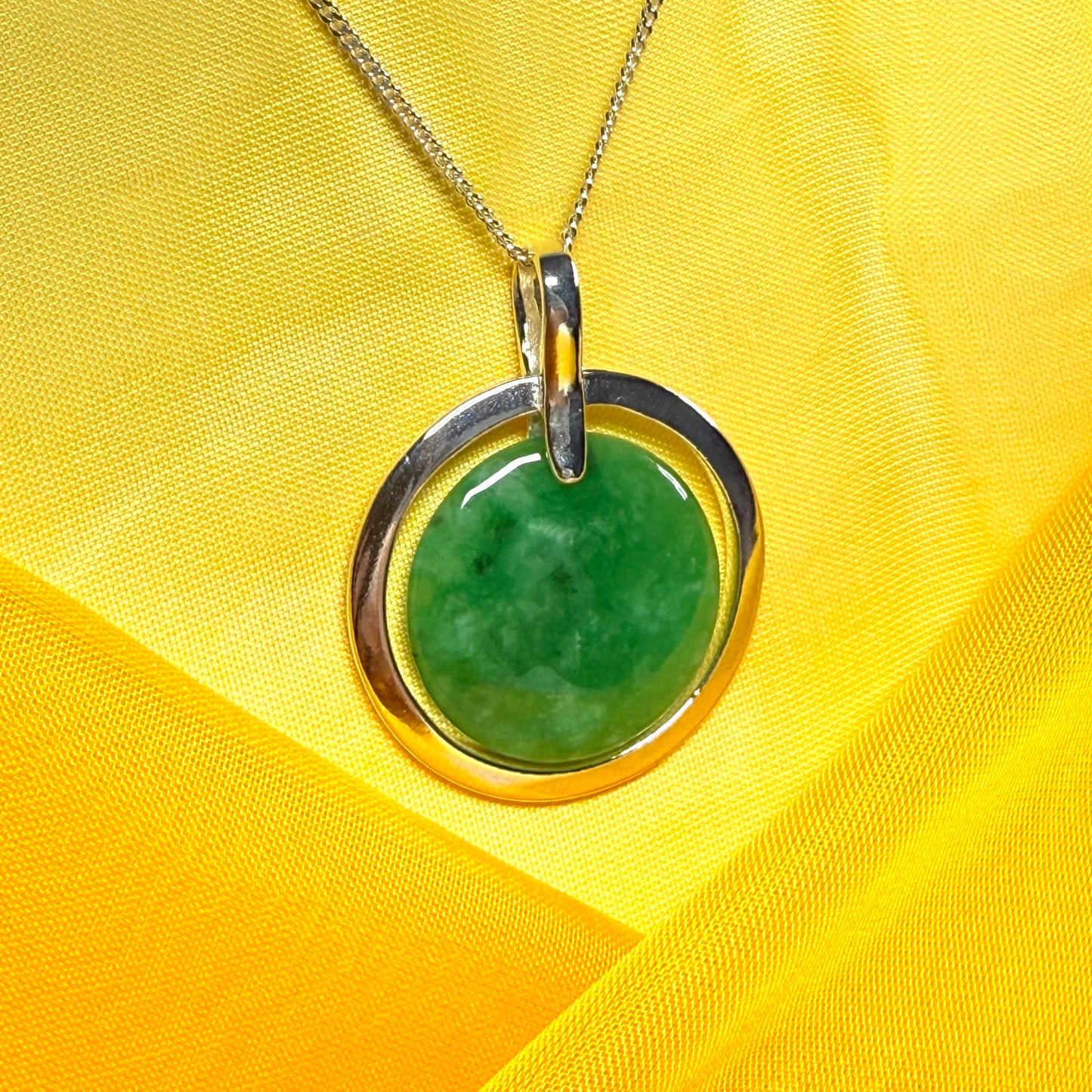 Large silver round shaped dark green real jade pendant necklace