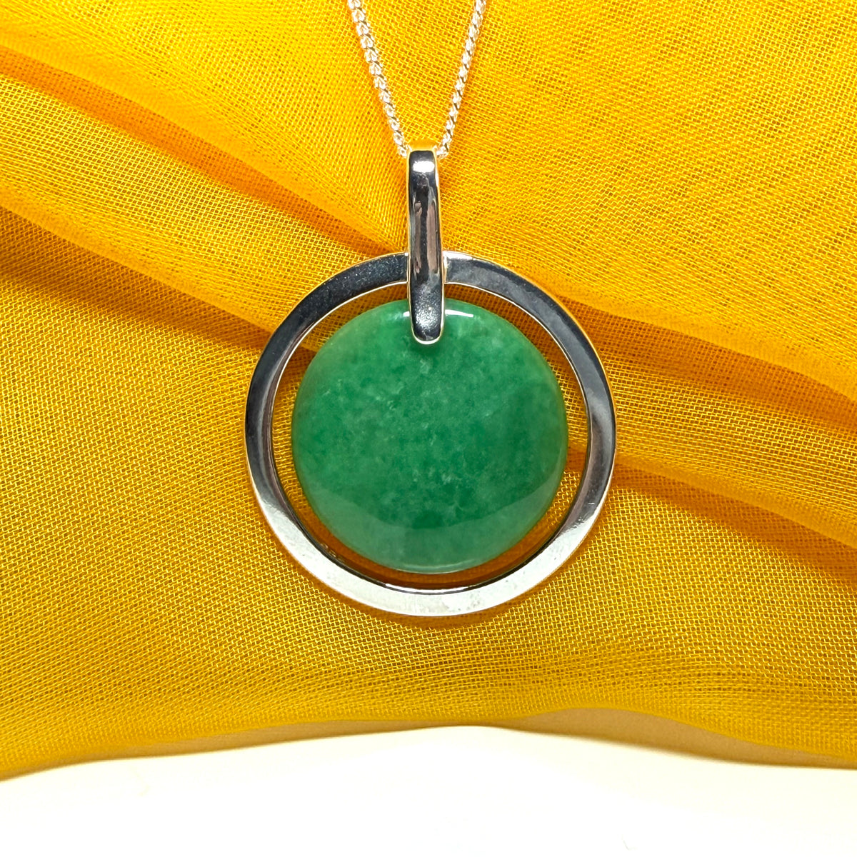 Large silver round shaped dark green real jade necklace pendant with chain