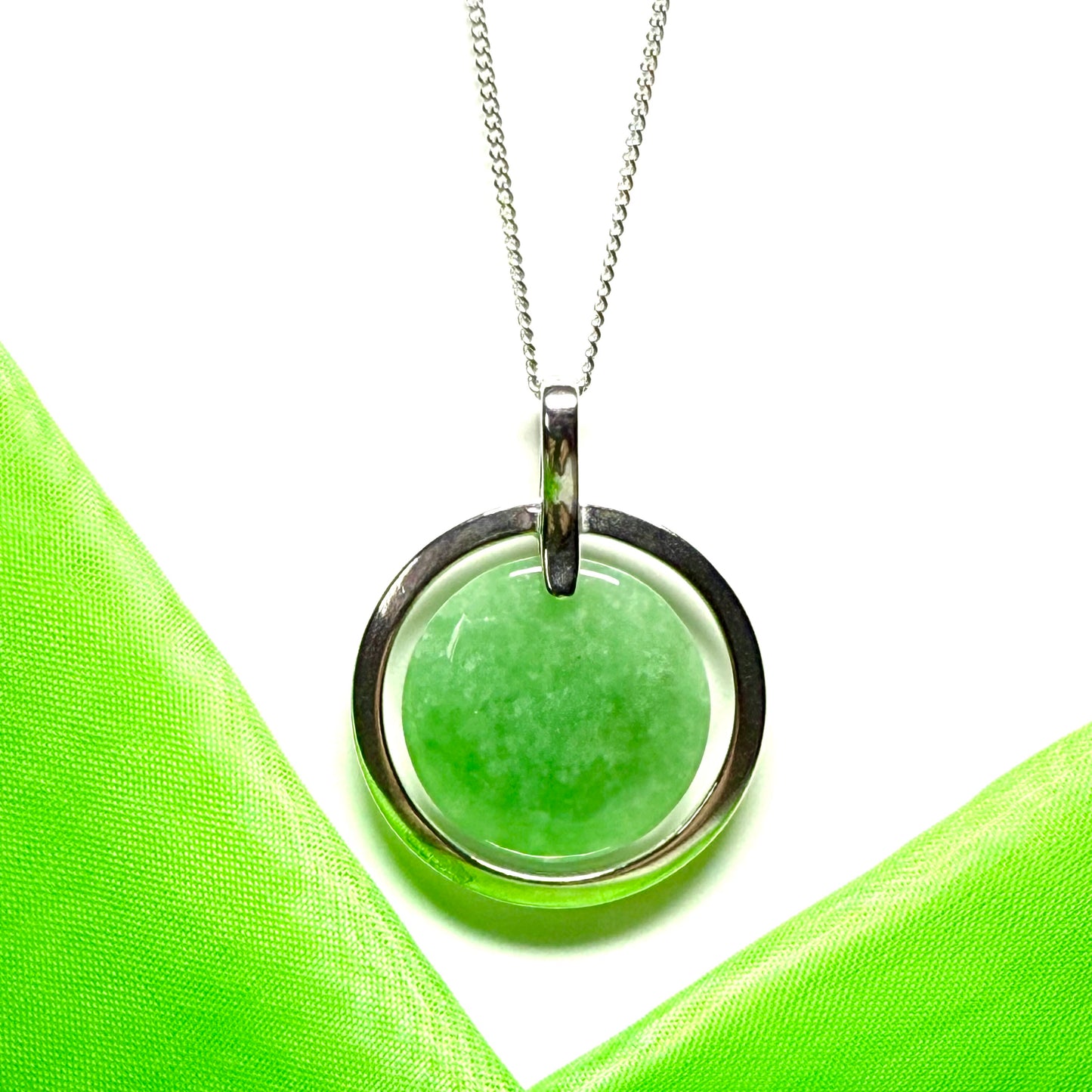 Large sterling silver round shaped green real jade necklace halo style pendant