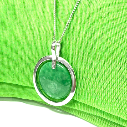 Large sterling silver round shaped green real jade necklace halo styled pendant, with a chain