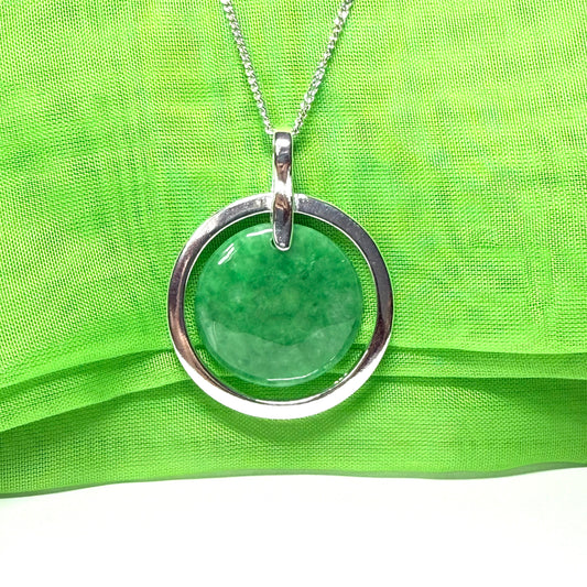 Large sterling silver round shaped green real jade necklace timeless halo style pendant