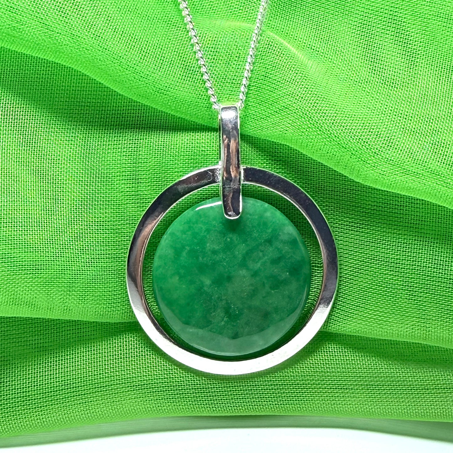 Large sterling silver necklace round shaped dark green real jade pendant