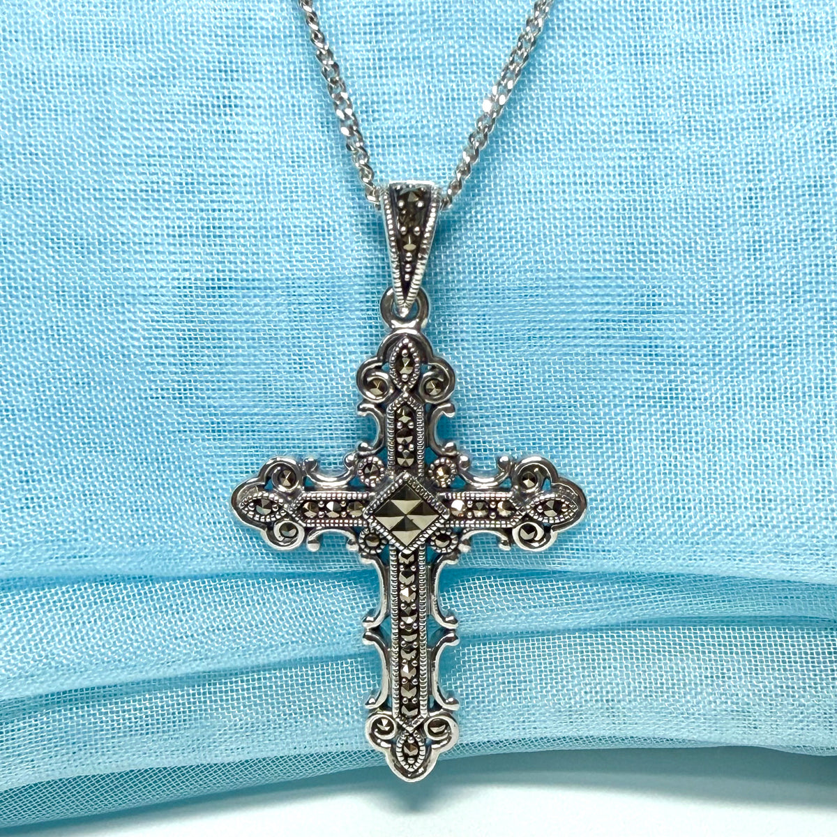 Large real marcasite cross and chain sterling silver