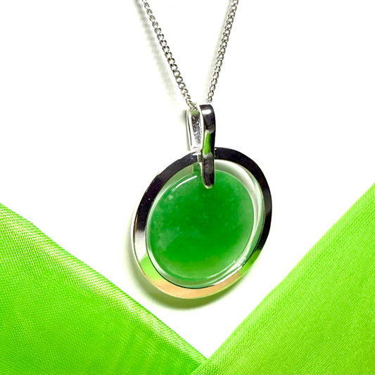 Large sterling silver round shaped green real jade necklace halo style pendant with a chain
