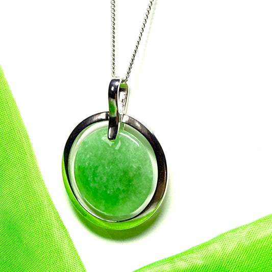 Large sterling silver round shaped green real jade necklace halo style pendant