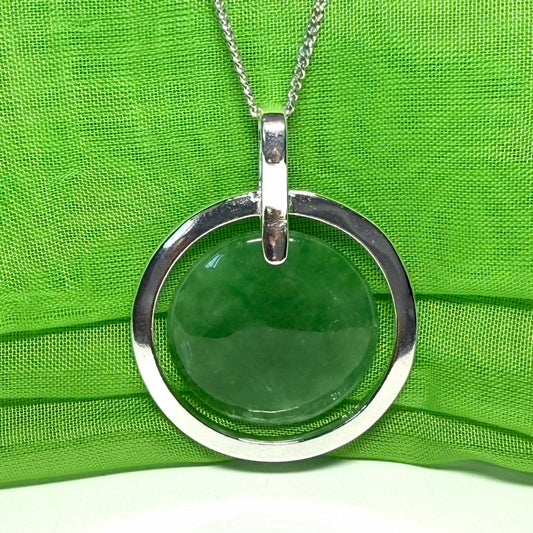 Large sterling silver round shaped green real jade necklace halo style pendant including chain
