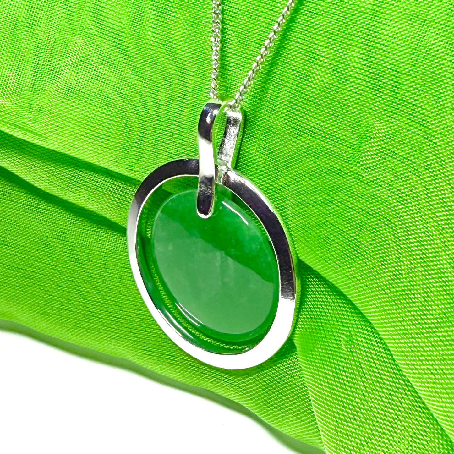 Large sterling silver round shaped green real jade necklace halo style pendant with a chain
