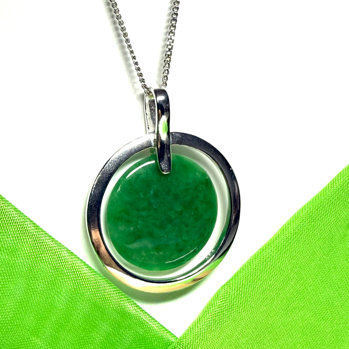 Large sterling silver round shaped green real jade necklace timeless halo style, simply timeless