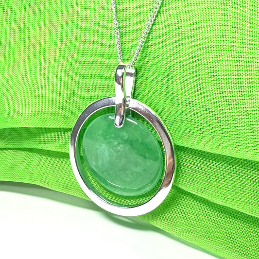 Large sterling silver round shaped green real jade necklace halo style, simply timeless designed