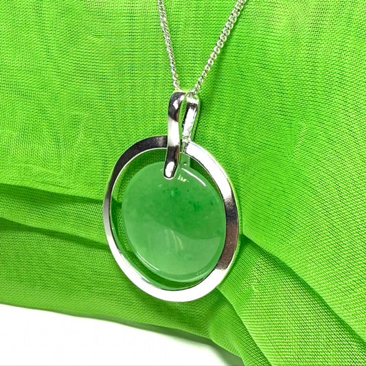 Large sterling silver round shaped green real jade necklace halo styled pendant