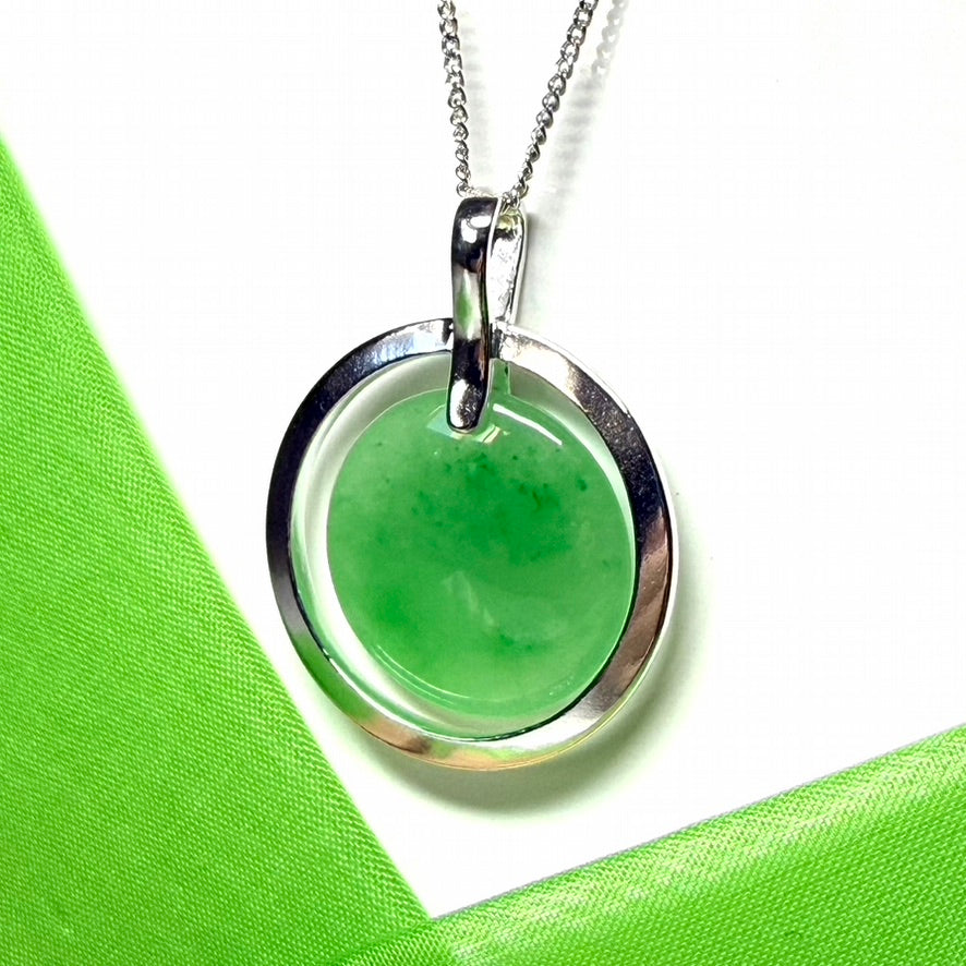 Large sterling silver round shaped green real jade necklace halo styled pendant