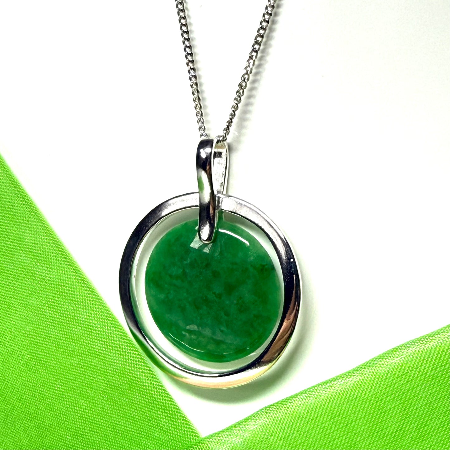 Large sterling silver round shaped green real jade necklace timeless halo style, simply timeless