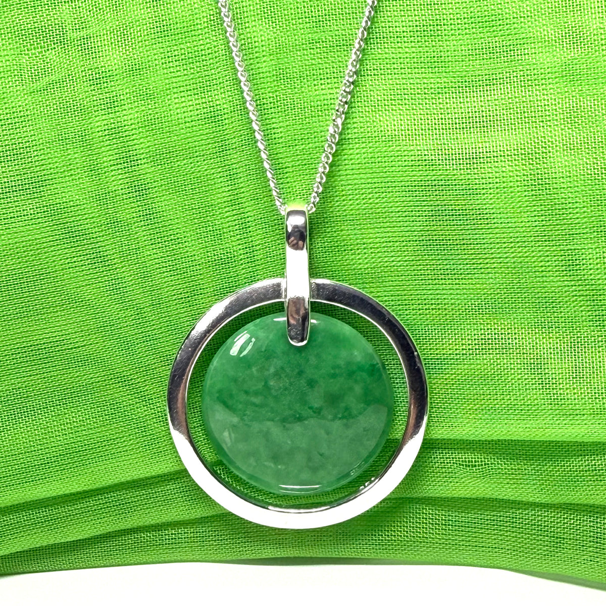 Large sterling silver round shaped green real jade necklace timeless halo style, simply timeless