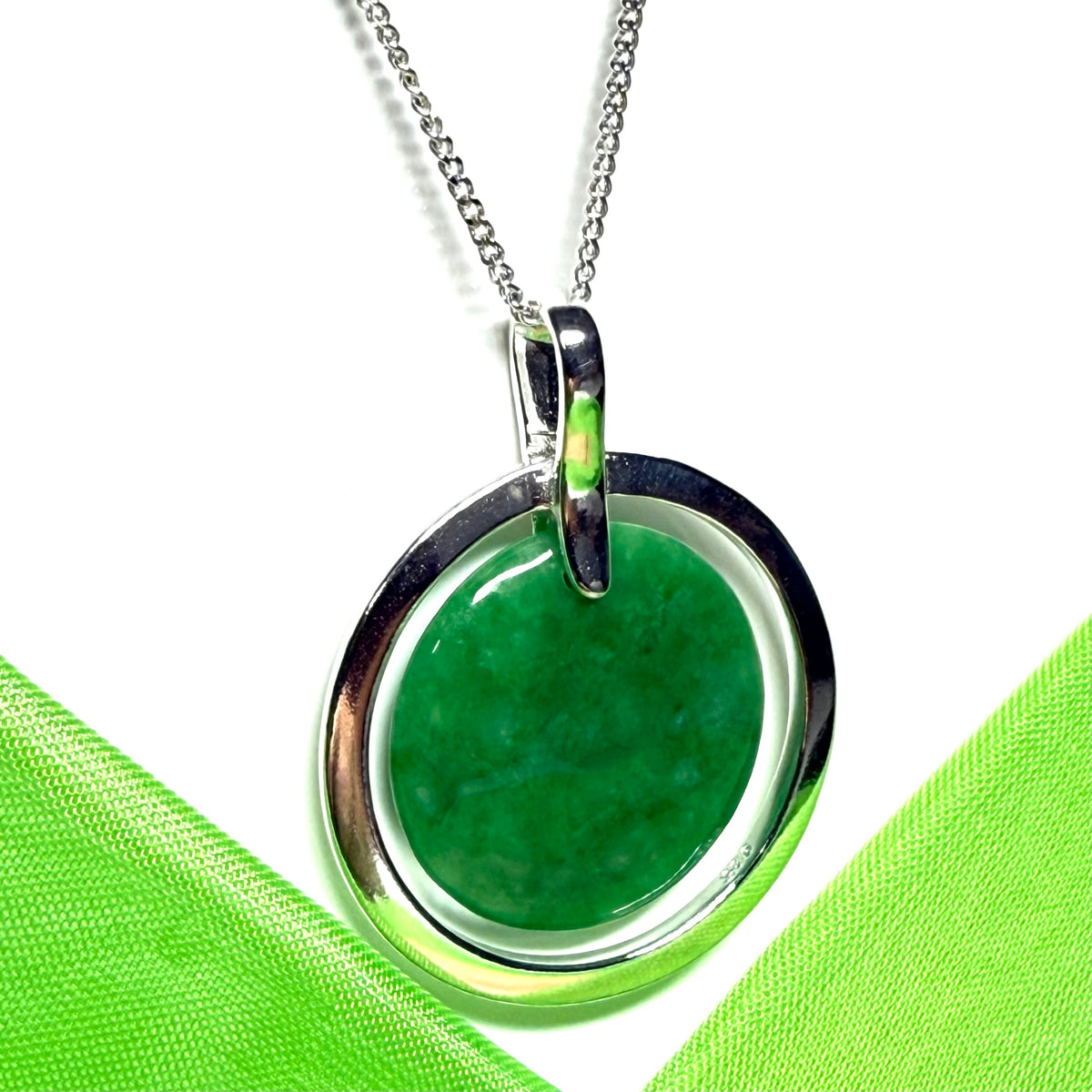 Large sterling silver round shaped green real jade necklace timeless halo style pendant