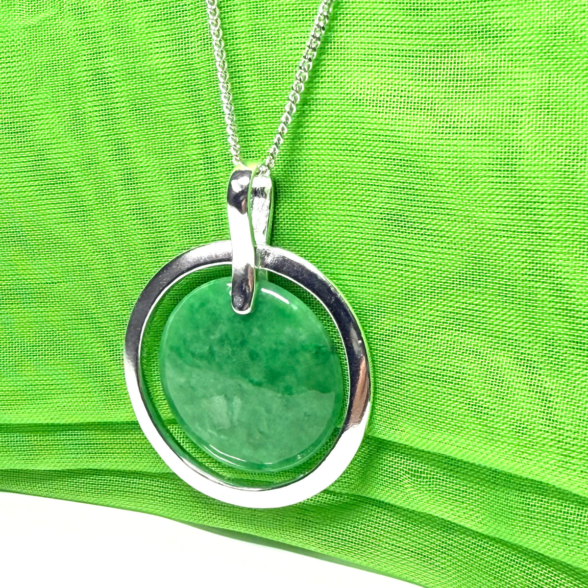 Large sterling silver round shaped green real jade necklace timeless halo style, simply timeless