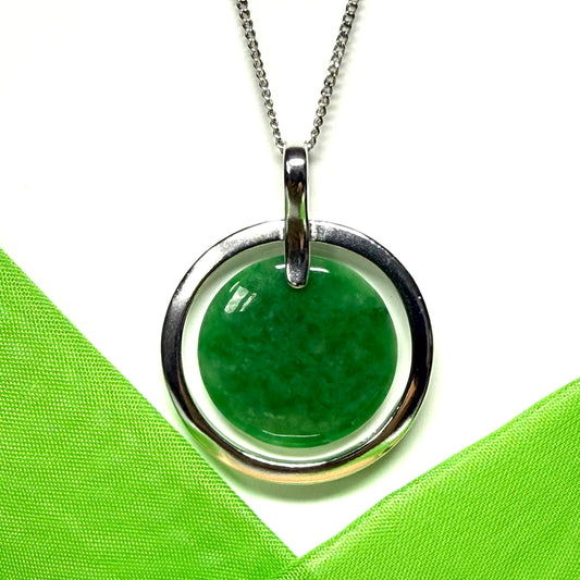 Large sterling silver round shaped green real jade necklace timeless halo style, simply timeless