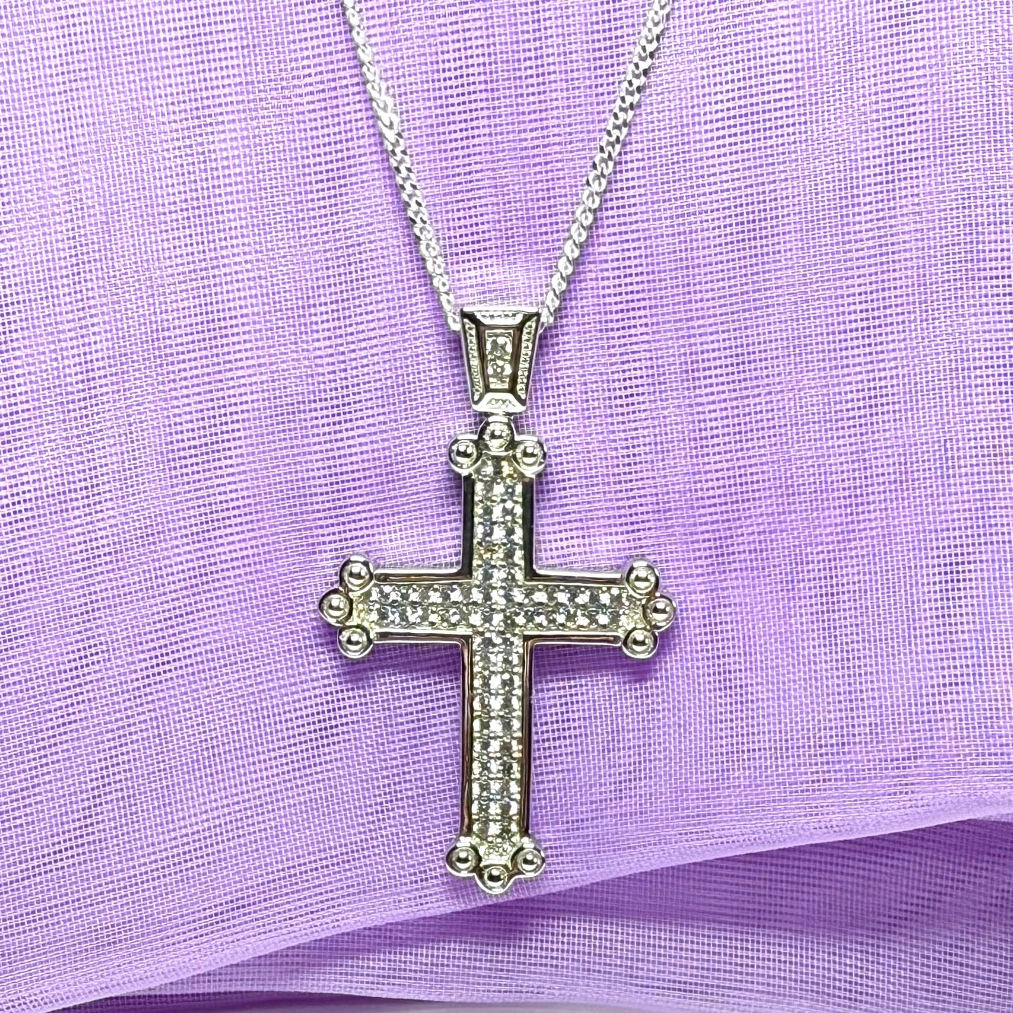 Large stone set cross sterling silver cubic zirconia fancy including chain