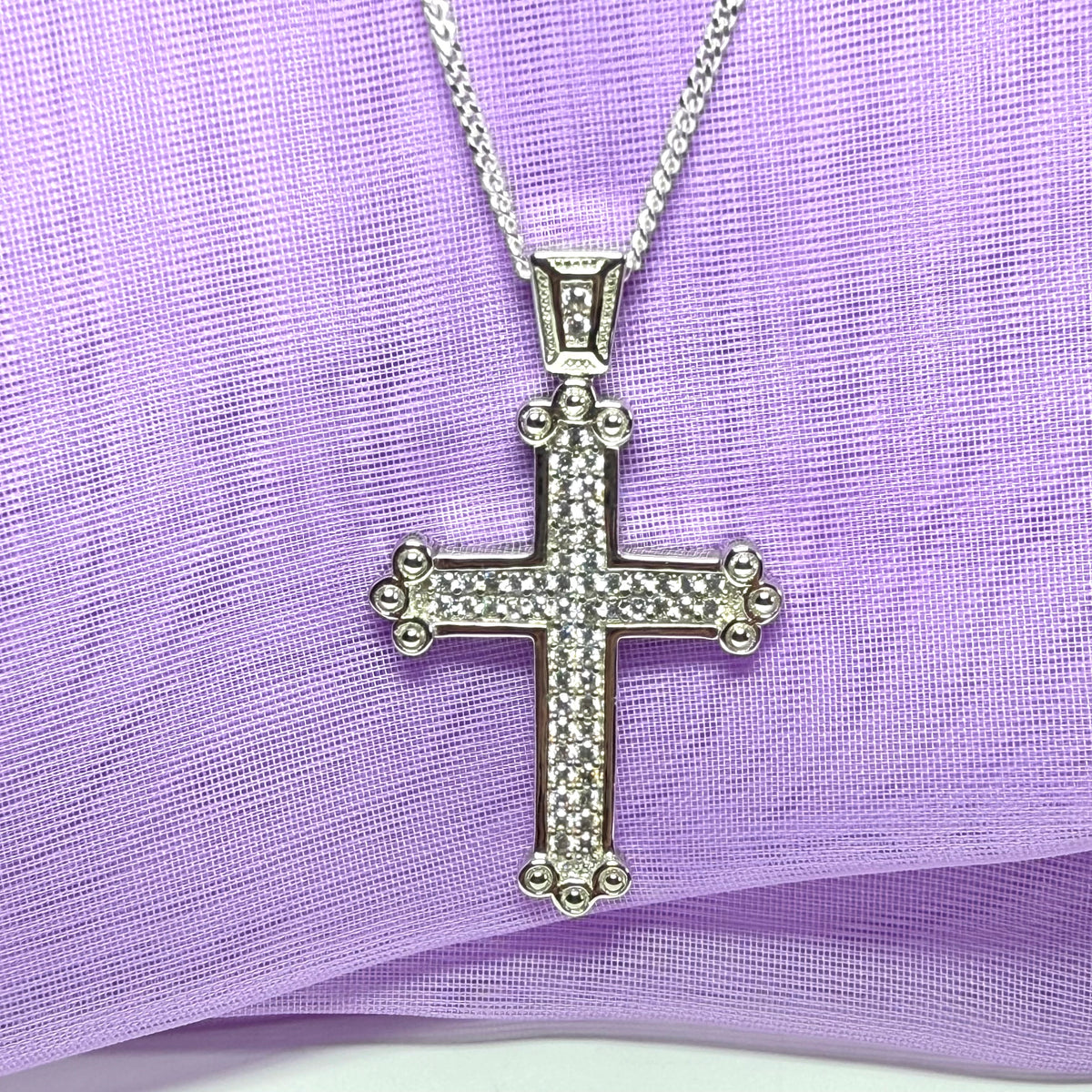 Large stone set cross sterling silver cubic zirconia fancy including chain