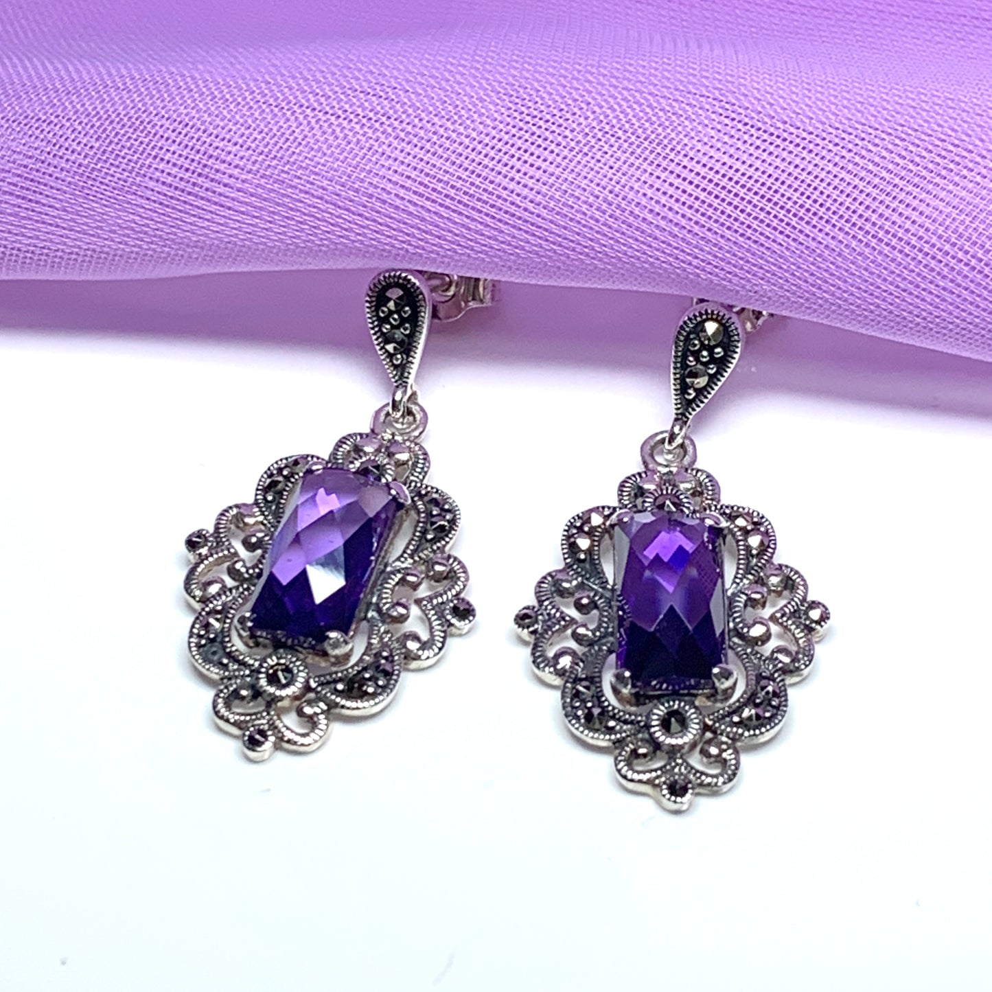 Large amethyst and marcasite fancy drop earrings