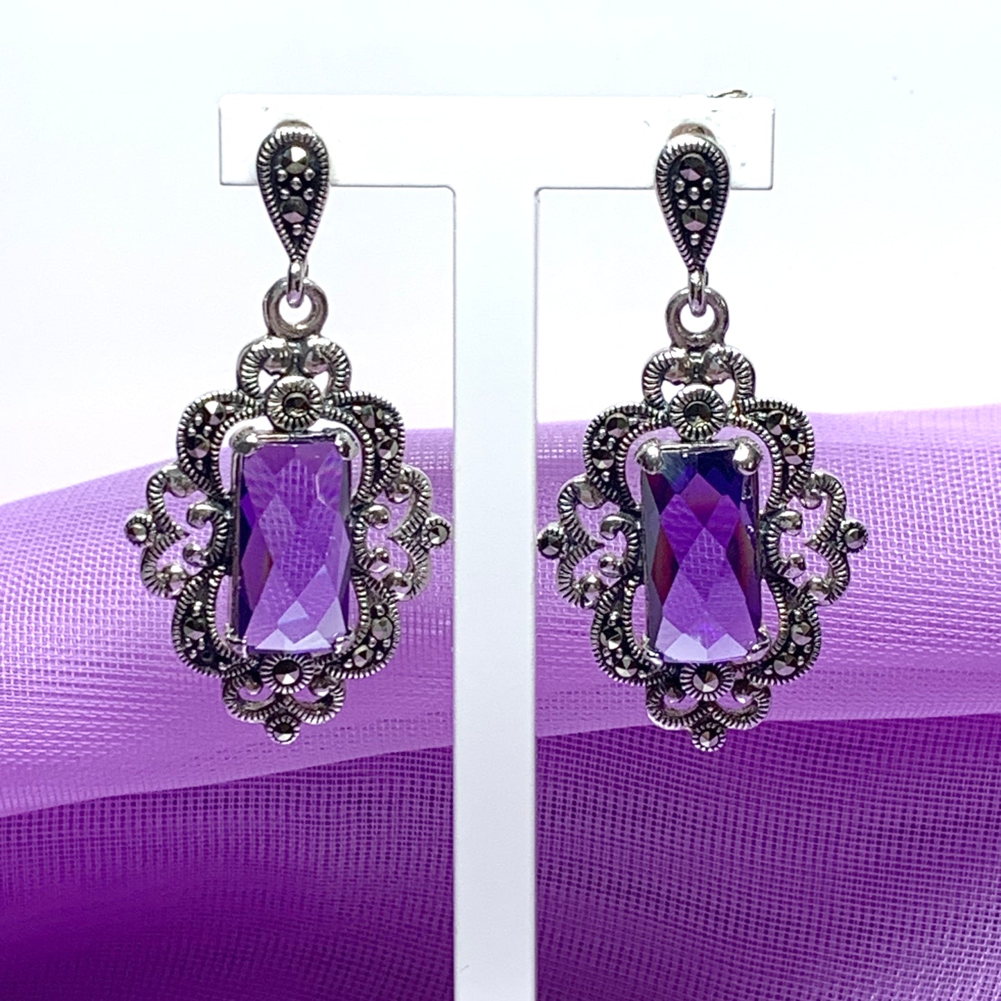 Large amethyst and marcasite fancy drop earrings