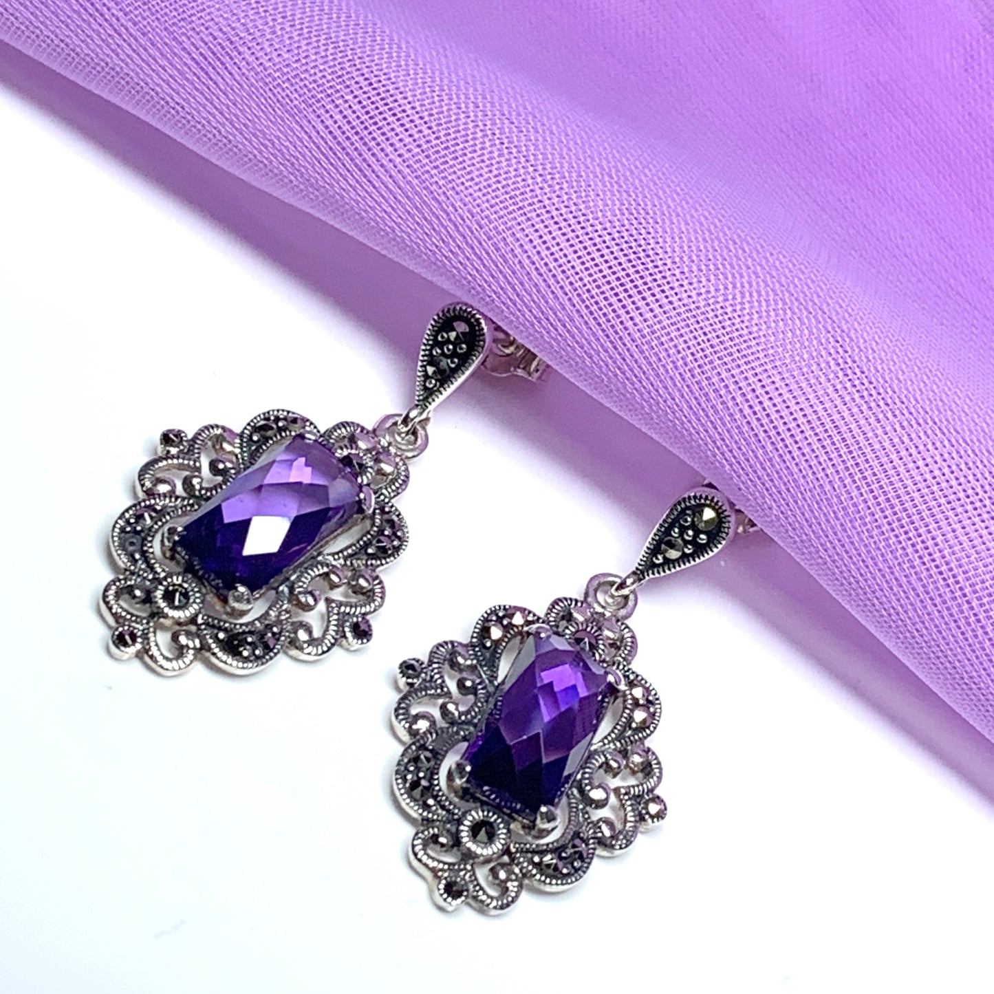 Large amethyst and marcasite fancy drop earrings