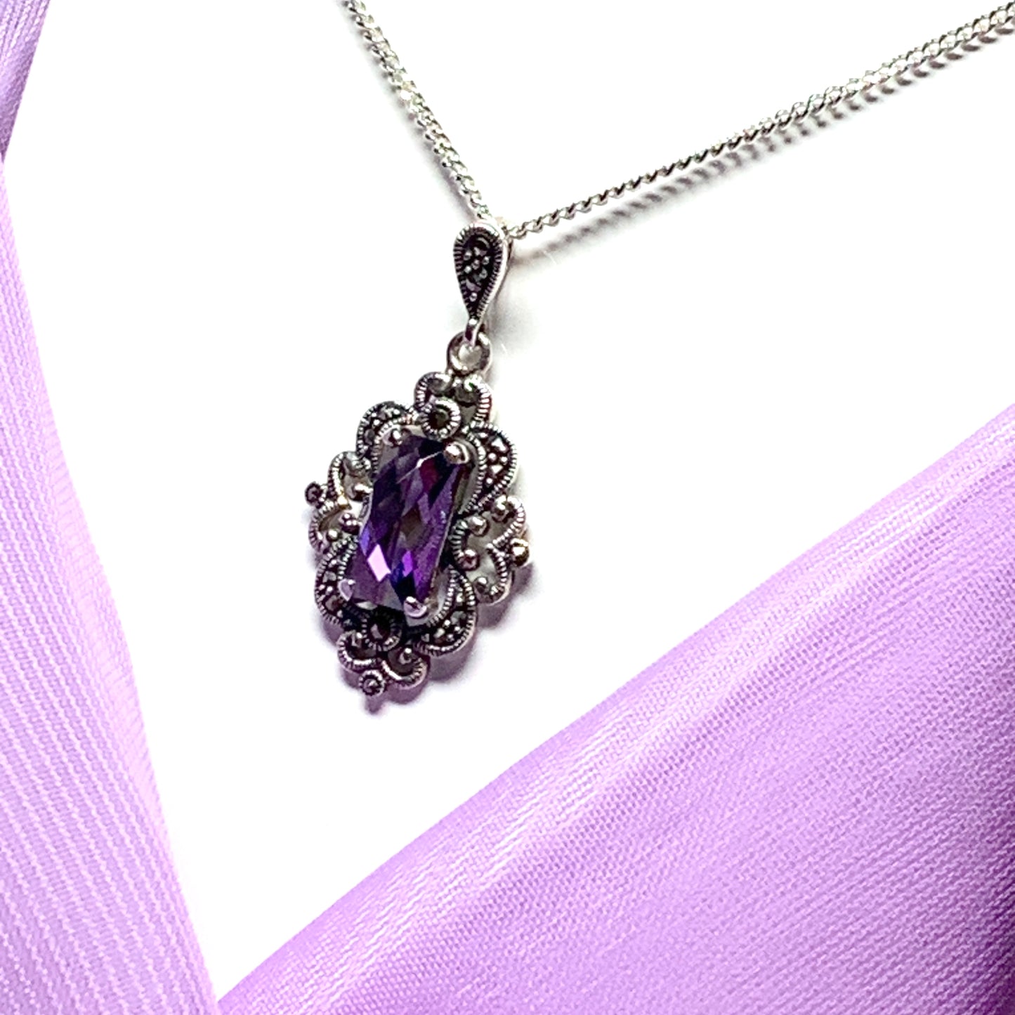 Large amethyst and marcasite silver large drop necklace