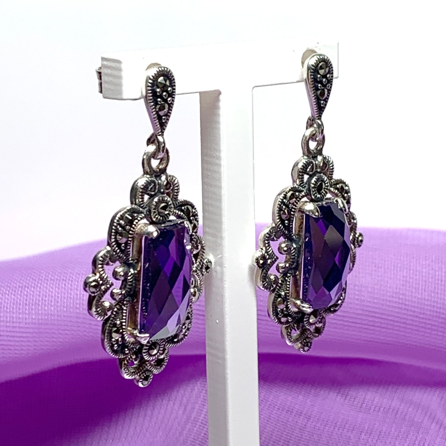 Large amethyst and marcasite fancy drop earrings