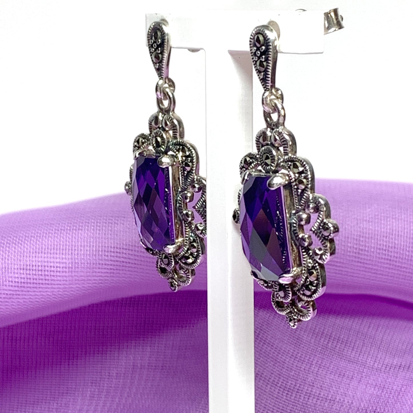 Large amethyst and marcasite fancy drop earrings