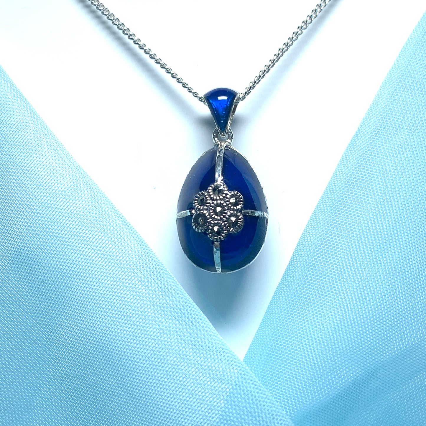 Large blue crystal and marcasite pear teardrop necklace