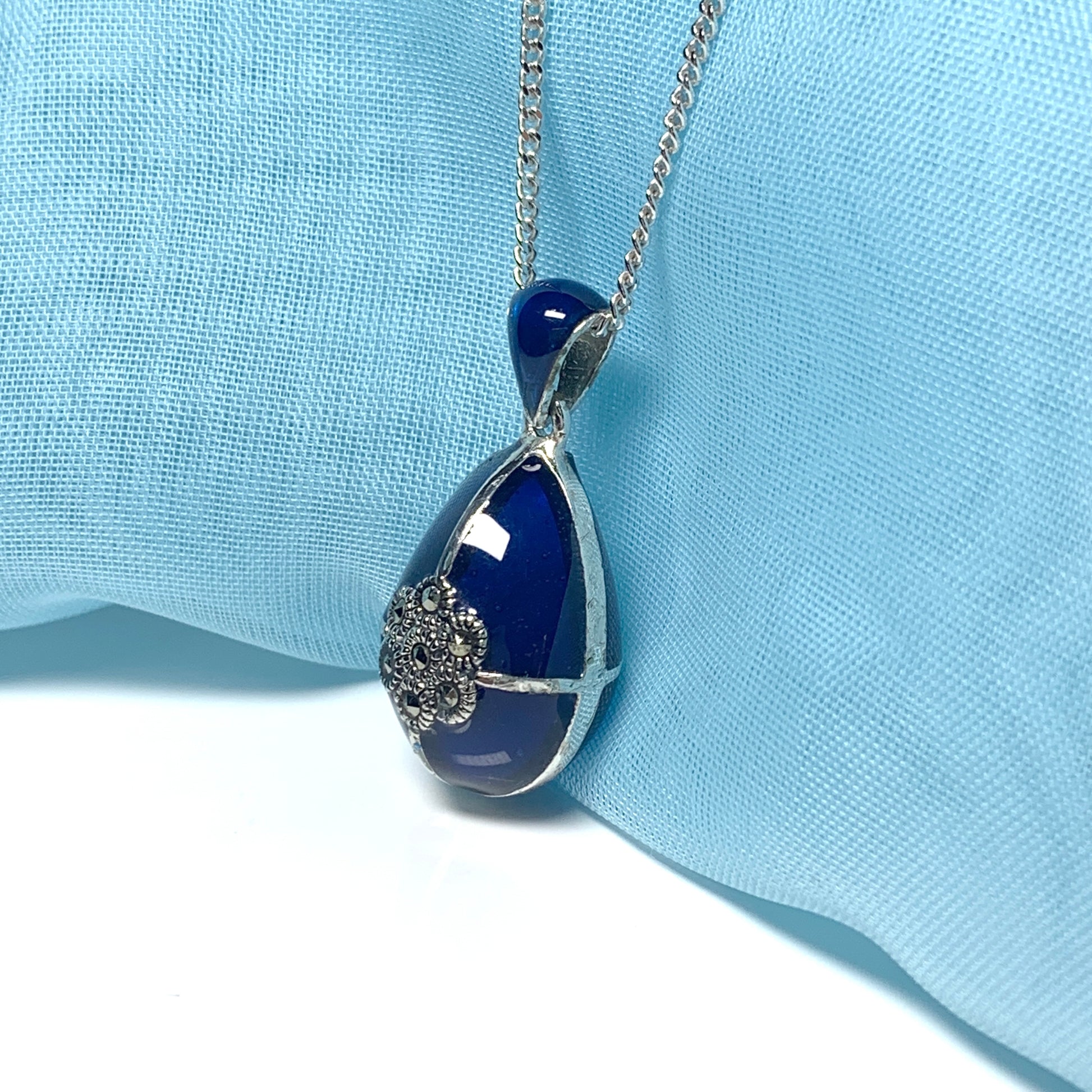 Large blue crystal and marcasite pear teardrop necklace