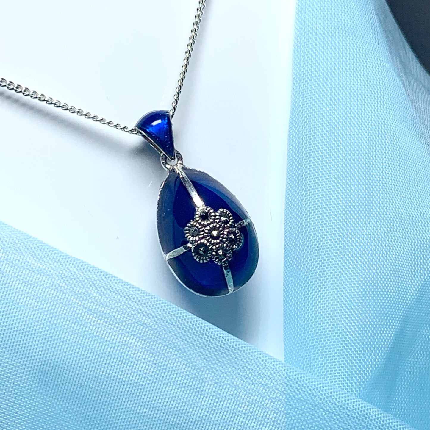 Large blue crystal and marcasite pear teardrop necklace