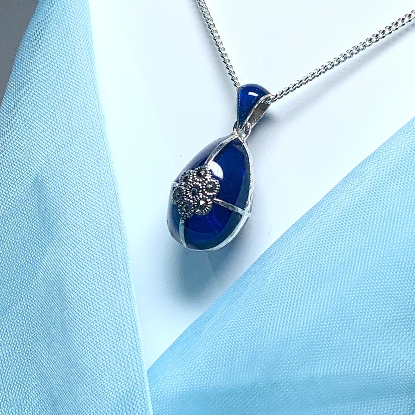 Large blue crystal and marcasite pear teardrop necklace