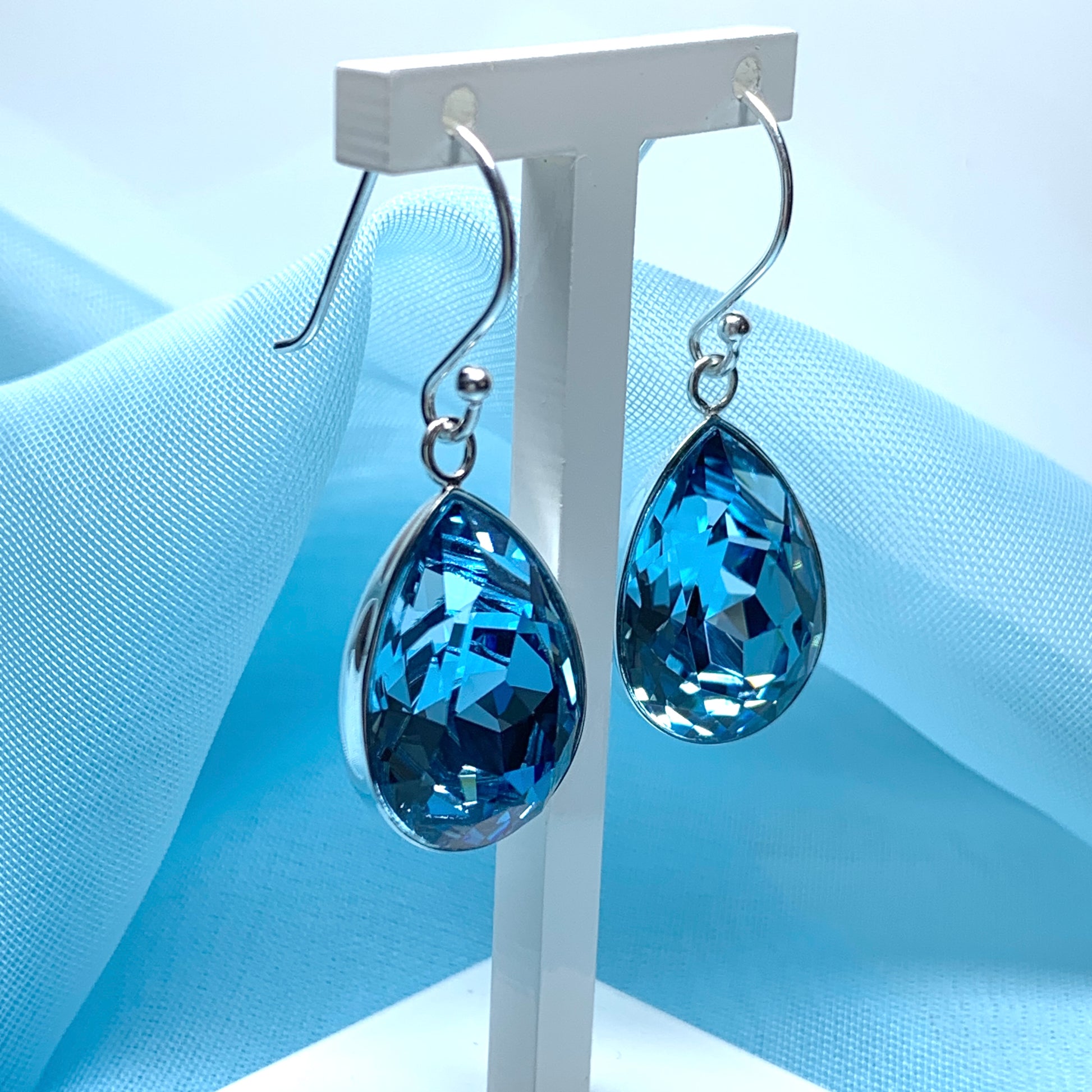 Large blue crystal pear teardrop earrings