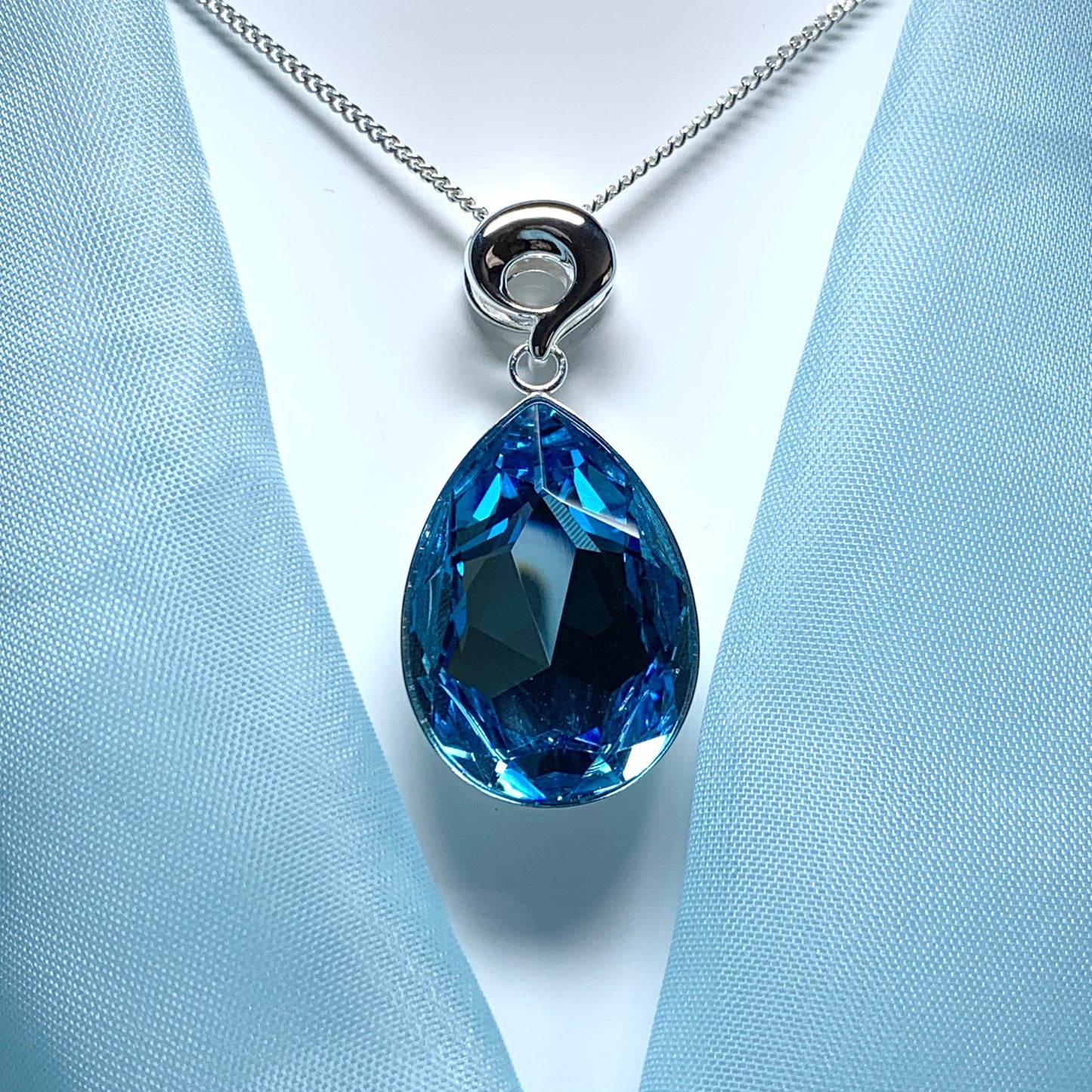 Large blue crystal pear teardrop necklace