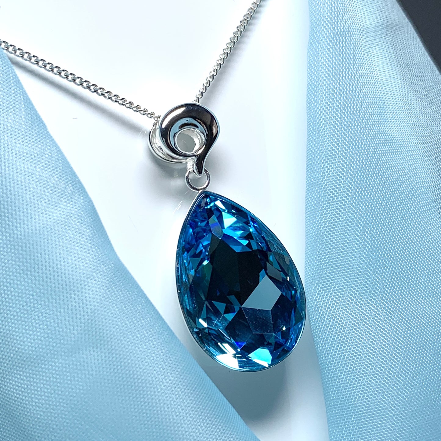 Large blue crystal pear teardrop necklace