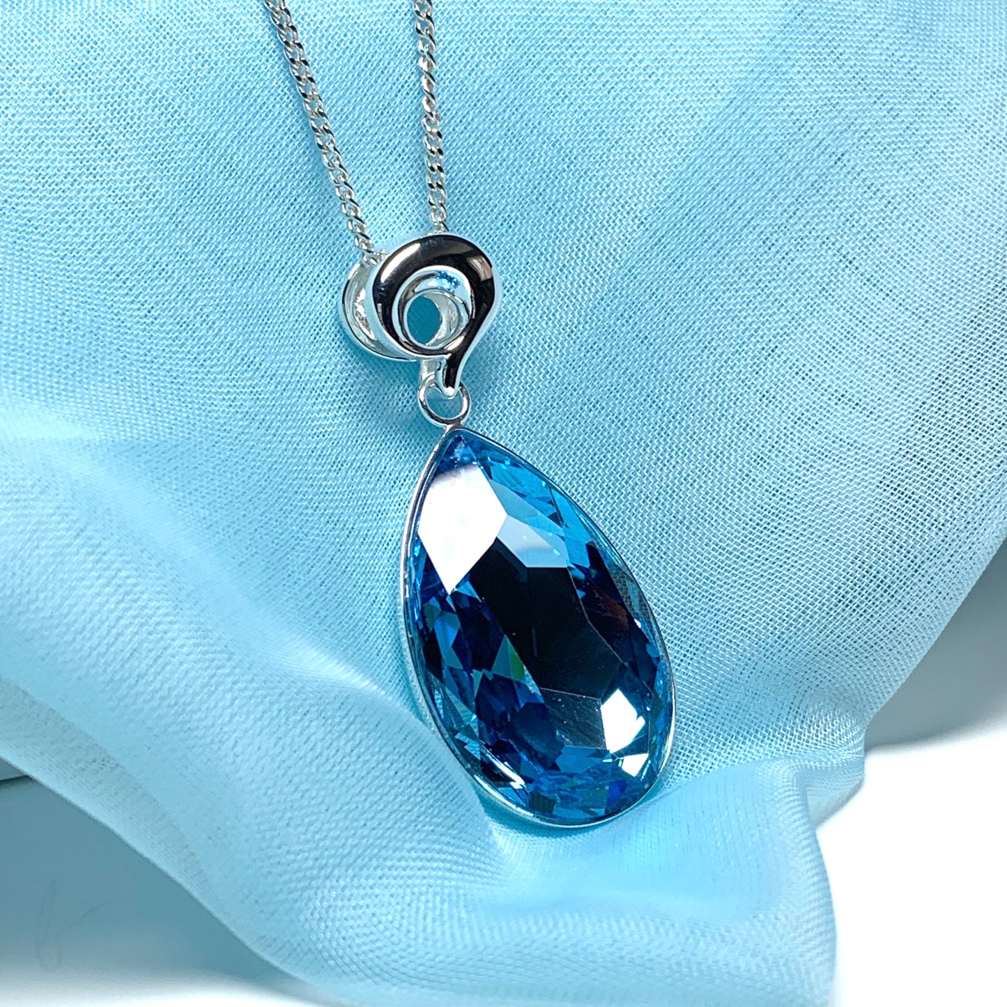 Large blue crystal pear teardrop necklace