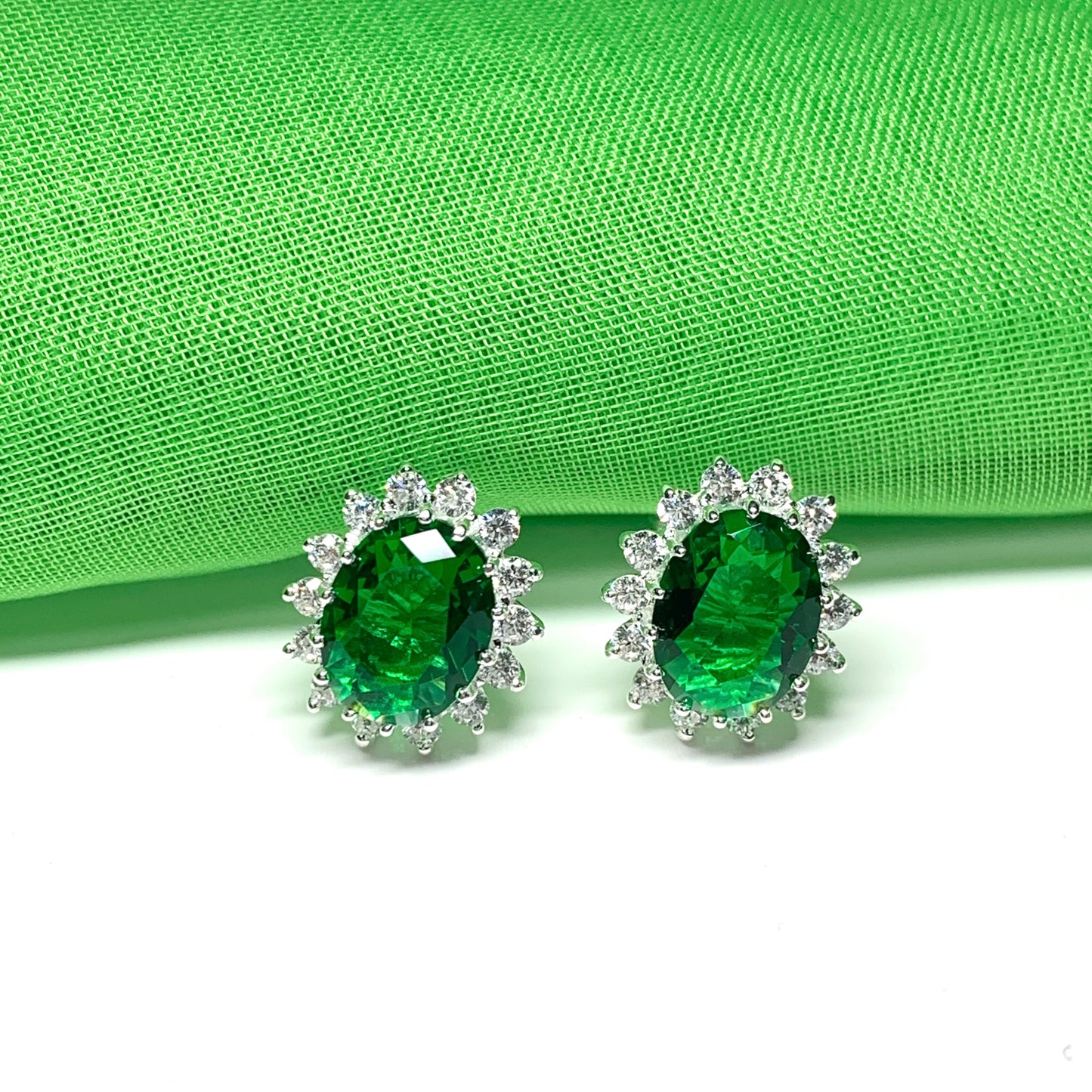 Large bright green and white cubic zirconia oval cluster dress cocktail stud earrings