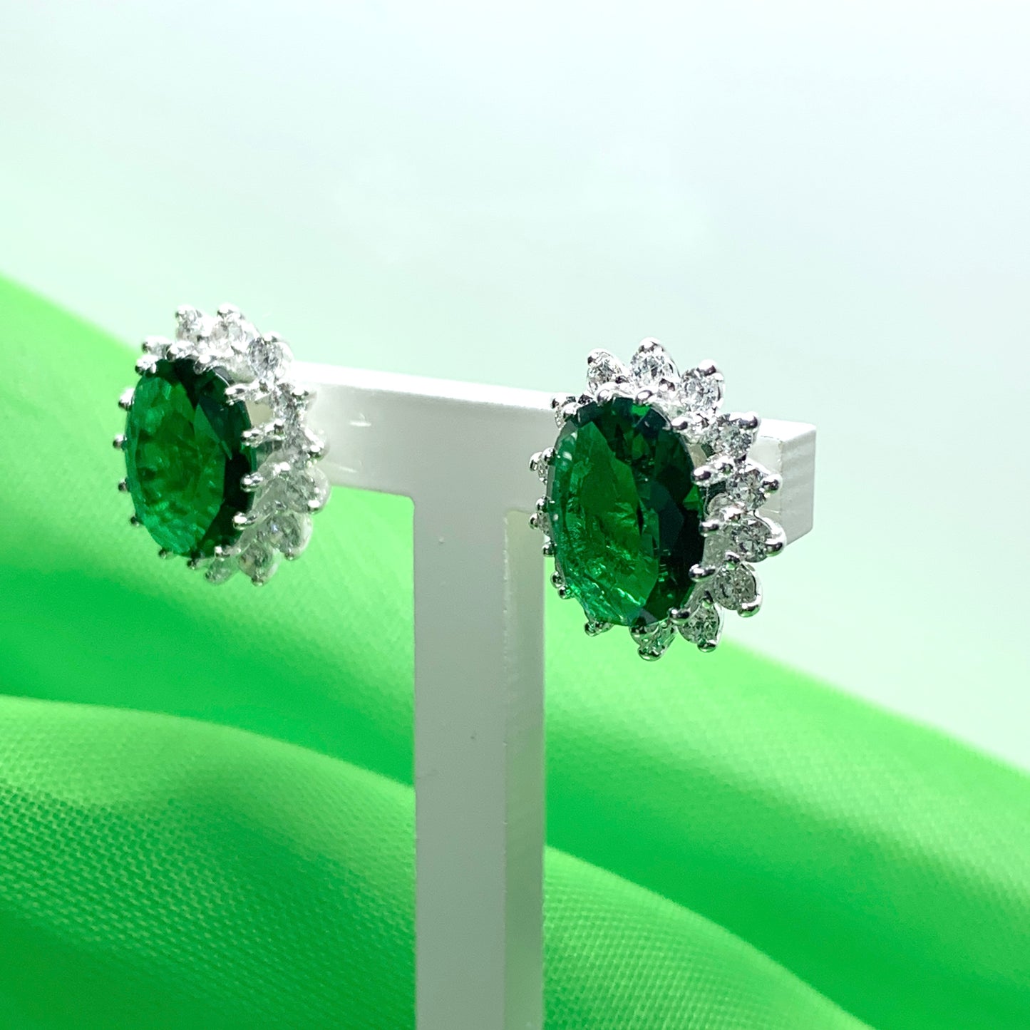 Large bright green and white cubic zirconia oval cluster dress cocktail stud earrings