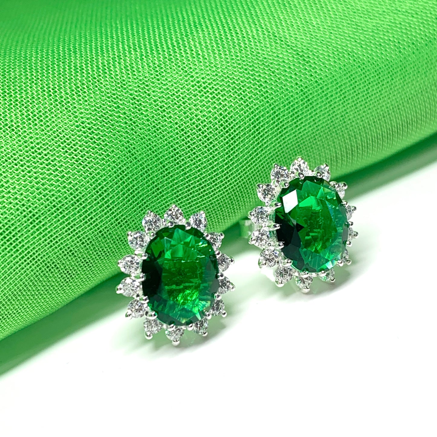 Large bright green and white cubic zirconia oval cluster dress cocktail stud earrings