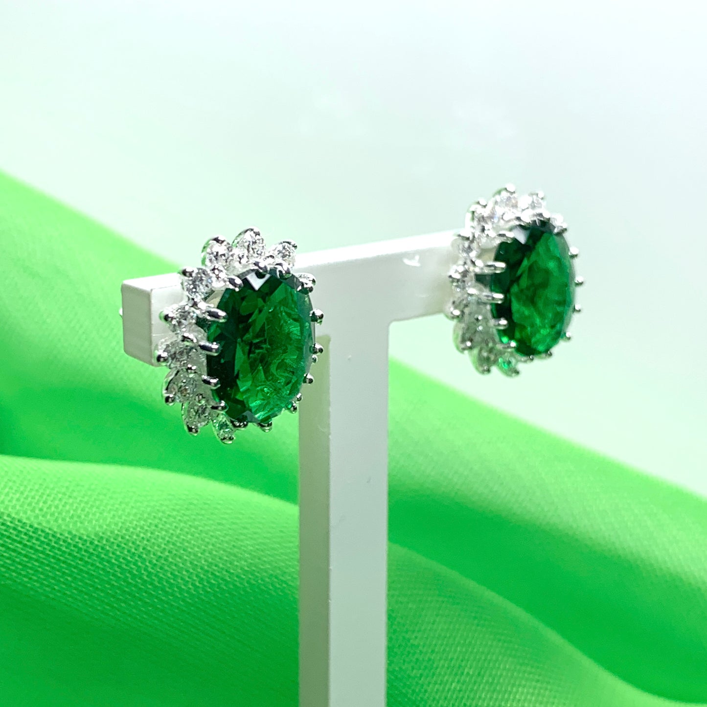 Large bright green and white cubic zirconia oval cluster dress cocktail stud earrings