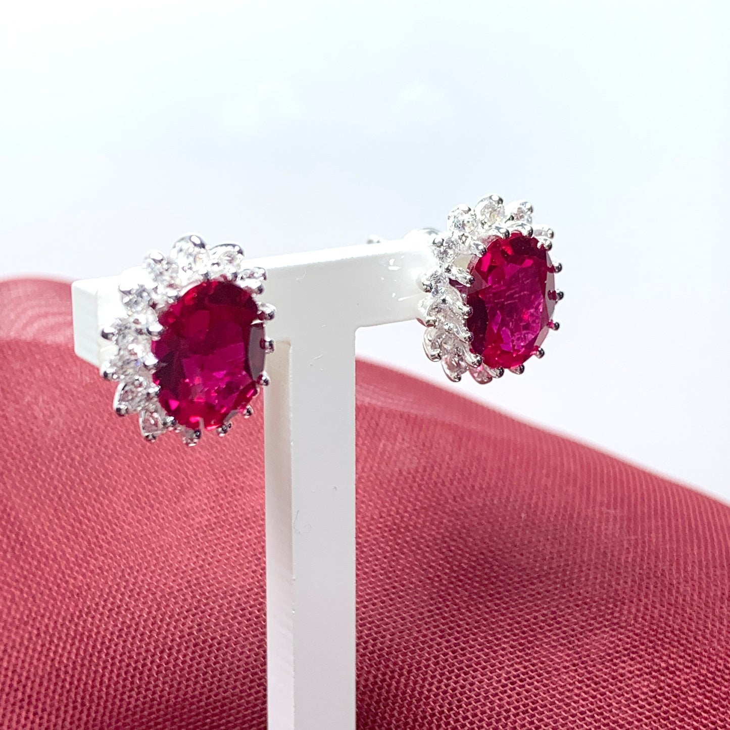 Large bright ruby red and white cubic zirconia oval cluster dress cocktail stud earrings