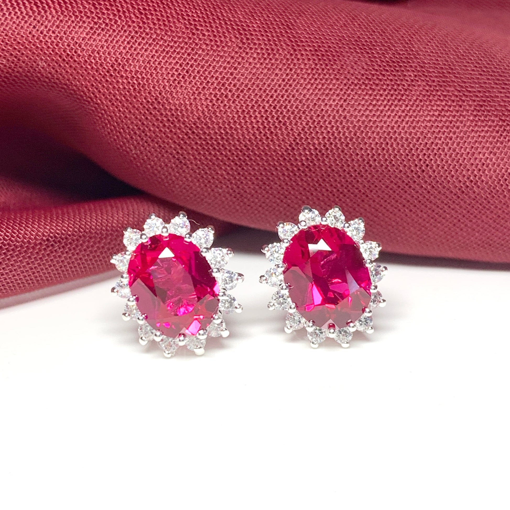 Large bright ruby red and white cubic zirconia oval cluster dress cocktail stud earrings