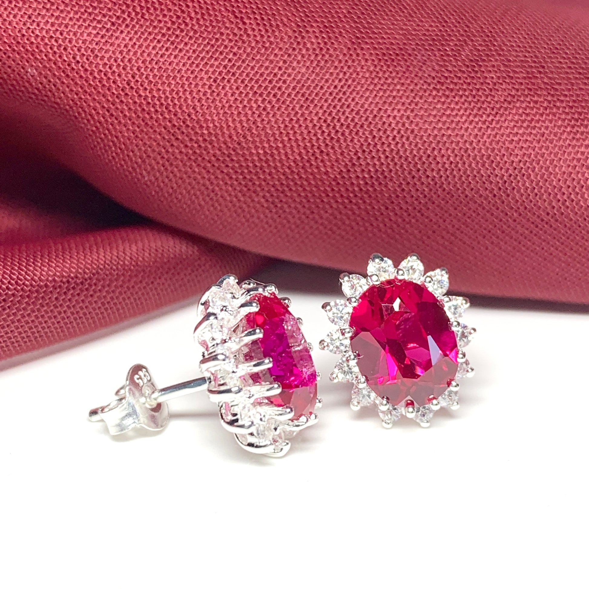 Large bright ruby red and white cubic zirconia oval cluster dress cocktail stud earrings