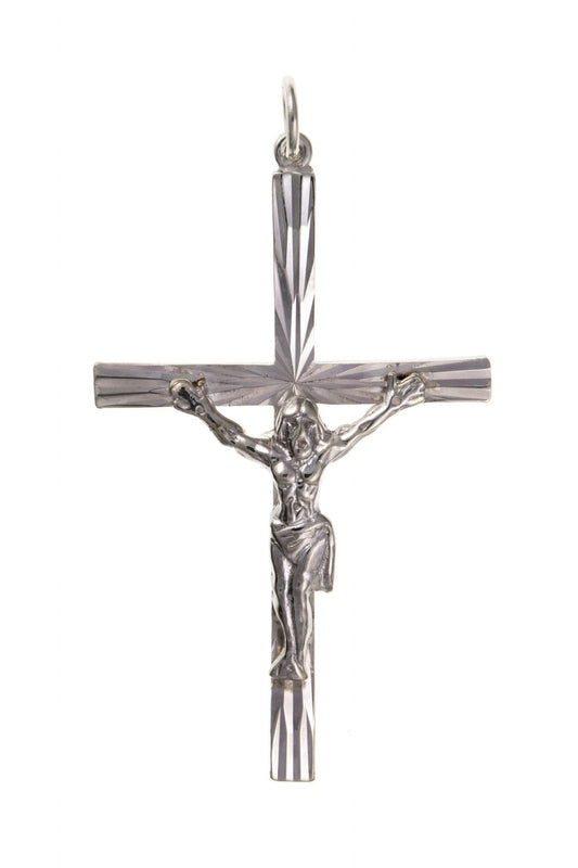 Large crucifix with bark effect diamond cut solid sterling silver cross necklace with chain