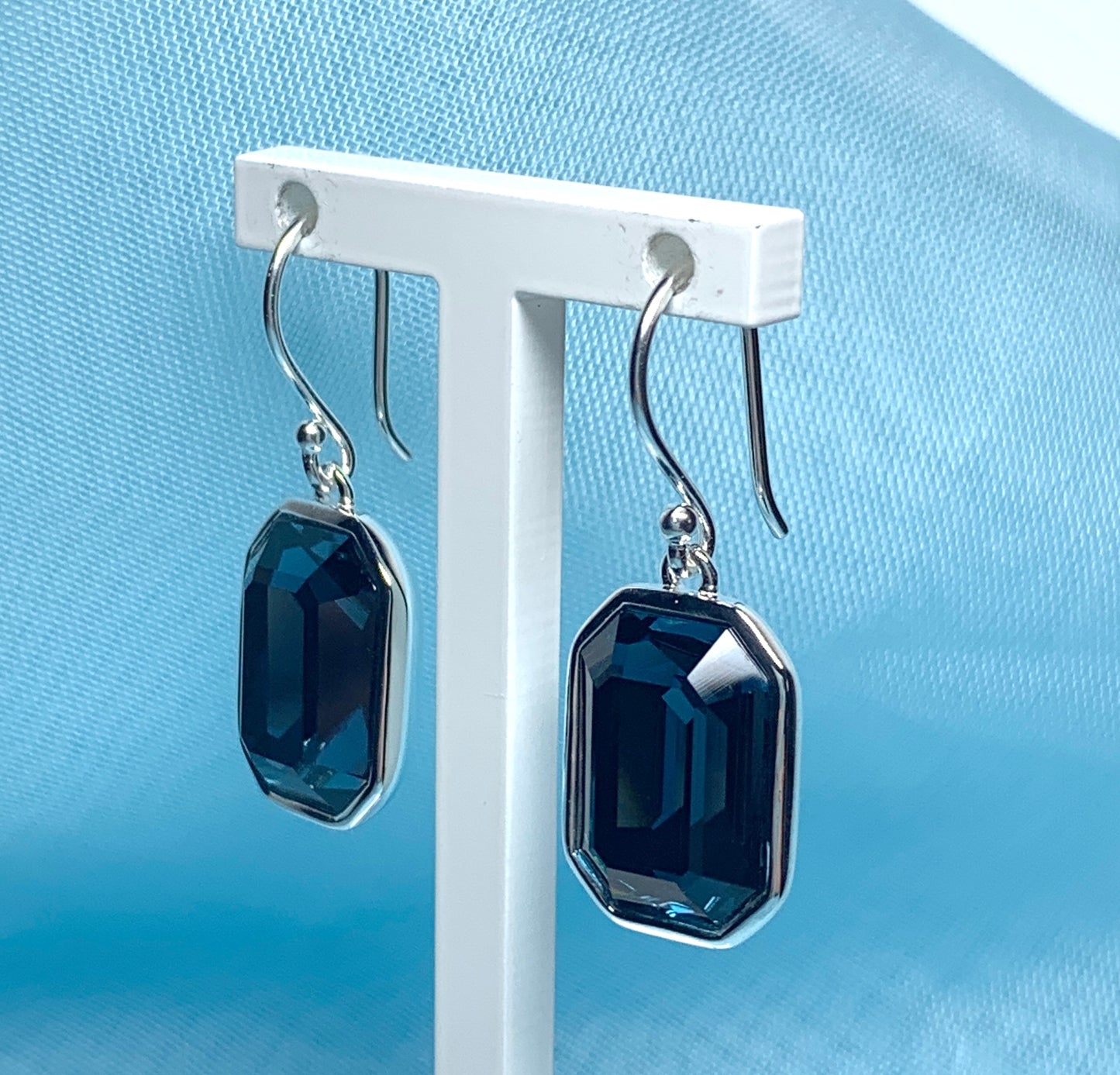 Large deep blue crystal octagonal drop earrings