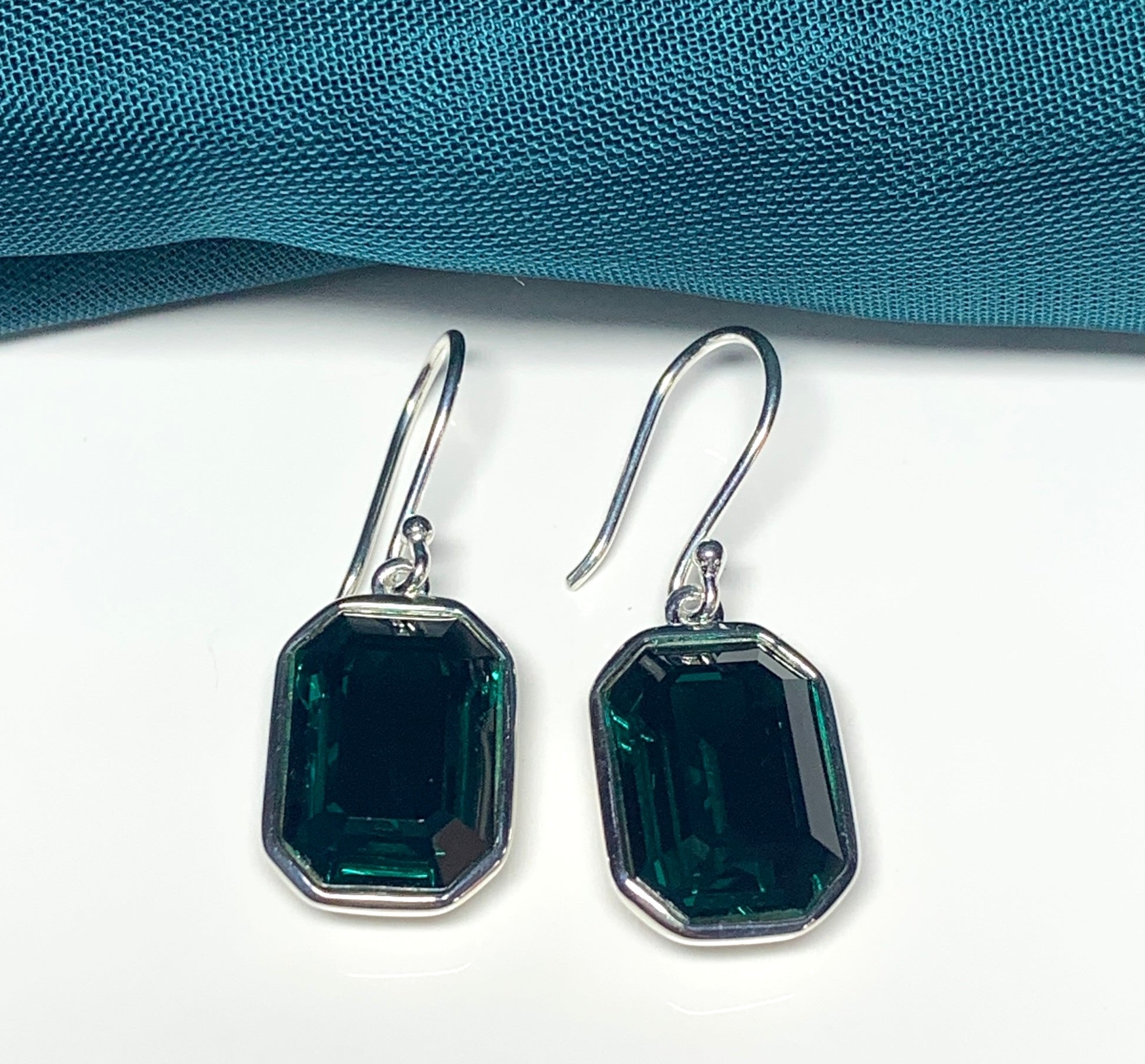 Large emerald green crystal octagonal drop earrings